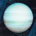 Photo illustration of the planets Jupiter and Uranus juxtaposed over each other.