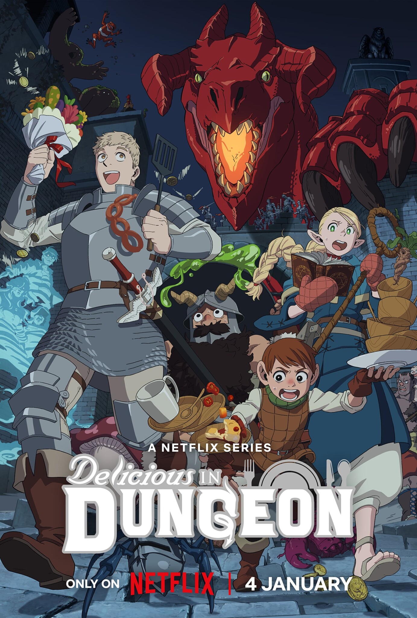 Poster of anime "Delicious in Dungeon." The illustration depicts four adventurers running from a red dragon.