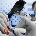 A collage of black and white portrait of actress Tippi Hedren, with a black crow on her arm, and a hand painting nails in the Vietnamese flag.